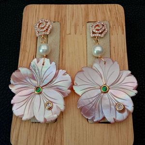 YYGEM natural Carved Pink Mop Shell Flower drop White Freshwater Pearl Dangle Earrings cute style for women