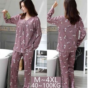 Pijama Set Mulheres Outono Primavera Mulher Nightgown Plus Size Algodão Pijama Solto Home Serviço Pijama Lounge Roupas Nightie 210809