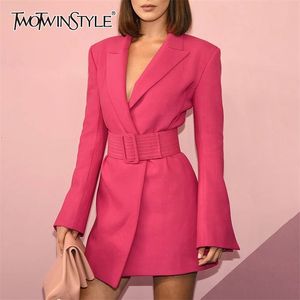Flare Sleeve Long Notched Collar Rose Pink Blazer Dress with Belt Office Lady Women Mini Dresses Autumn 210520