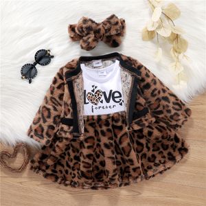 2021 Winter kids clothes sets Toddler Kid Baby Girls Leopard Warm Full Sleeve Top Coat Patchwork Letter Knee-length Dress Headband Set 3pcs 3M-3Y