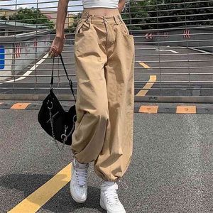 Houzhou Y2K Fashion Khaki Oversized Cargo Byxor Hip Hop Style Loosed Justerbar Midja Drawstring Long Pant Streetwear 90s Höst 210925