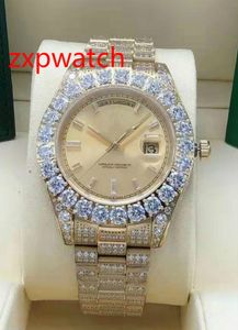 Big Diamond Fashion Automatic Mäns Prong Set Klocka 43mm Gul Guld 316 Rostfritt Stål Full Iced Klockor