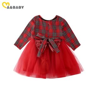 1-5Y Christmas Girls Red Plaid Dress Toddler Baby Kid manica lunga Tutu Bow Party Wedding Birthday Girl Xmas Costumes 210515