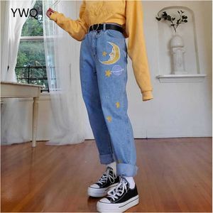 Hög midja tryckta jeans för kvinnor lastbyxor mönster raka olika mönster pojkvän mamma baggy full längd byxor 210809