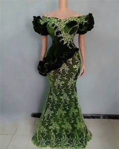 Hunter Green Lace Aso Ebi Abiti da sera maniche corte Puffy off spalla Mermaid Women African Plus Size Prom Dresses Appliques