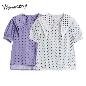 Yitimuceng Dot Bluzka Kobiety Przycisk Koszulki Puff Sleeve Solid White Fioletowy Lato Koreański Styl Moda Szyfonowe Topy 210601