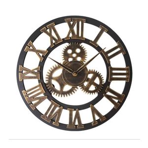 Wall Clocks Large Vintage Wooden Clock Retro Gear Hanging Roman Numeral Horologe Living Room Cafe European Style