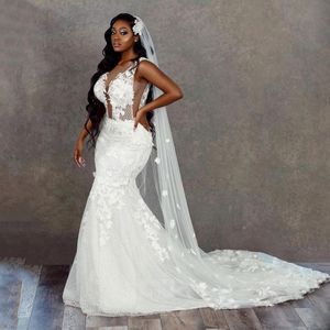 Mermaid African Wedding Dresses 2022 Lace Applique V Neck Bridal Gowns With Flowers Tulle Vestido De Novia Estido