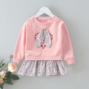 Dziewczyny słodkie sukienki wiosna dzieci kreskówka bunny ucho patchwork vestidos spadek dziewczynka cute casual koreański styl ubrania q0716