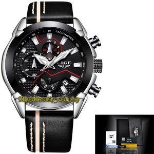 LIGE eternity LG9869 Sport Mens Watches Date Blacks Dial Japan VK Quartz Chronograph Movement Luminous Men Watch Black Bezel Silvery Steel Case Leather strap