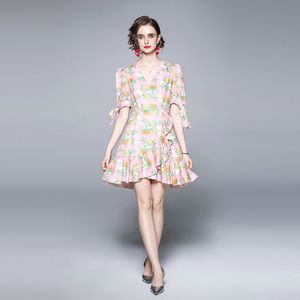 Fashion Girl Floral Dress Puff Sleeve High-end Bow Womens Summer Ruffle Dresses Noble Sexy Lady Printed Dresses