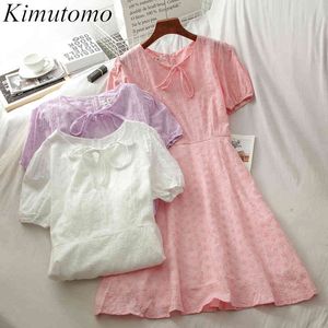 Kimutomo Sweet Girls Bow Lace-Up Klänningar Sommar Koreansk Stil Kvinnor O-Neck Kortärmad Solid Slank Waist Vestido 210521
