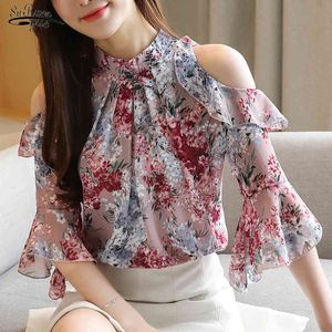 Blusas mujer de moda sommarchiffon ol Kortärmad skjorta Kvinnor Lös blomma Off-Shoulder Pullover Blouse Topp 8982 50 210508