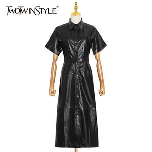 女性のラペルのための黒いPUレザーのドレス半袖ハイウエストのミディドレスファッション服夏210520