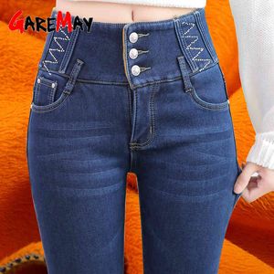 Samt Jeans Frauen Winter Warme Hohe Taille Blau Dünne Damen Hosen Weibliche Elastische Knöchel Denim für Hosen Plus Größe 210428