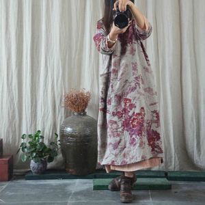 Johnature Women Print Floral Dresses Cotton Linen V-Neck Long Sleeve Autumn Robes Loose Vintage Female Loose Dresses 210521