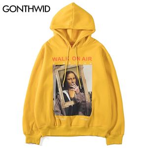 Gonthwid rolig mona lisa rökning tryck fleece hoodies pullover hooded tröjor harajuku hip hop streetwear hoodie casual tops 220223