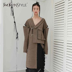 TWOTWINSTYLE Asymmetrical Striped Coat For Women V Neck Long Sleeve Patchwork Sequin Tweed Coats Female Fashion Clothing 210517