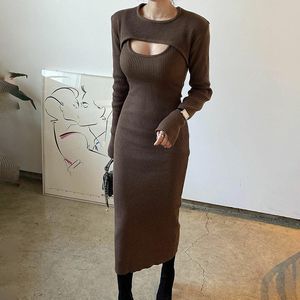 Elegant 2 pieces Women Knitted Dress Solid Bodycon Sweater Dress Autumn Spring Ladies Work Wear Long Sleeve Slim Dresses 210521