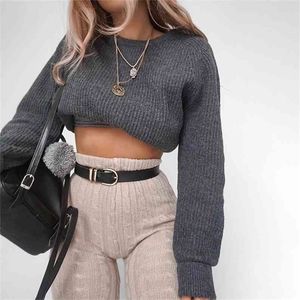 Vintage Solid Grey Sweater Kvinnor Pullovers Stickad Crop Top Streetwear Pullover Höst Vinter Retro Soft Jumper 210427