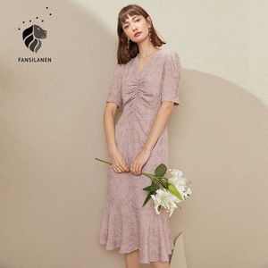 FANSILANEN Elegant pink long chiffon bodycon dress Women short sleeve draped floral summer Female v neck sexy party 210607