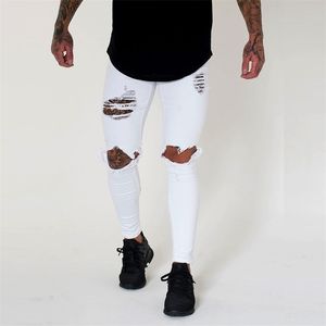 Wihte Homens Joelho Rasgado Buracos Skinny Destroyed Jeans Moda Slim Fit Hip Hop Mens Streetwear Algodão Alta Qualidade Jogadores 211108