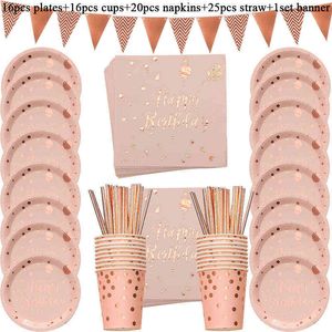 50pcs/set Rose Gold Party Birthday Disposable Tableware Set Paper Straw Plates Cups Napkins Adult Birthday Party Decoration Kids Y1104