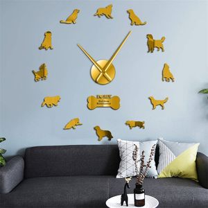 Golden retriever cão silencioso quartzo diy relógio de parede retriever cachorro canino animal de estimação auto adesivo relógio relógio moda decoração de casa 210325