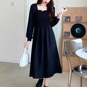 French Elegant Full Sleeve Long Dress Black Square Collar Women Gothic Fairy Wedding Party Spring Clothing 210604