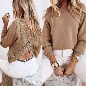 Wiosna Sexy Backless Women Tshirts Casual Brown O Neck Koronki Patchwork Hollow Out Pullover Topy Ladies Długi Rękaw Koszula 210522