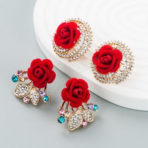 Bohemian Fabric Rose Flower Stud Earrings Elegant Flash Crystal Rhinsestone Statement Earrings Female Jewelry Brincos
