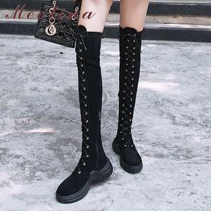 Kid Suede Platform Flat Stretch Long Boots Women Shoes Zip Cross Tied Genuine Leather Over The Knee Ladies Black 210517