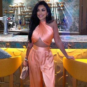 Eleganta kvinnor satin 2 stycke set halter neck blus hög midja bredben byxor kostym sexig kvinnlig fest kväll bana set 210527