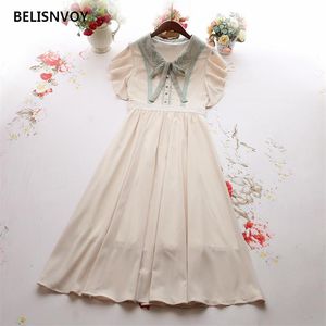 High Quality Women Summer Sundress French Retro Polo Collar Floral Embroidery Bow Vestidos Female Elegant Lace Chiffon Dress 210520