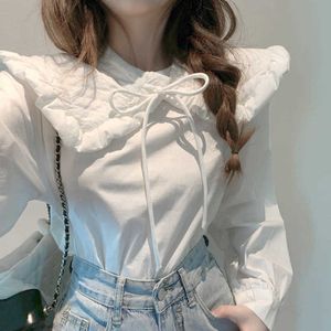 Koreański styl miękki bawełniany lalek kołnierz słodka koszula vintage casual eleganckie wierzchołki stałe z długim rękawem łuk luźne białe bluzki 12634 210527