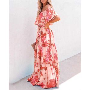 Kvinnors Sundress Designer Kostym Sexig Tunika Party Dress 2021 Sommar Ruffle Ärm Beach Off-Shoulder Tryckt Lång Klänning Y1006