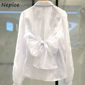 Chic Back Bow Drawstring Women Shirts Now-down Collar Single Breasted Femme Blusas Solid Färg Elegant Design Blus 210422