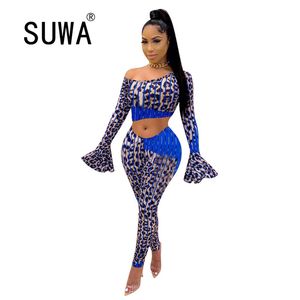 Leopardo a strisce Splice Set di abbigliamento donna Costumi 2 pezzi Spalle scoperte Manica svasata Crop Top + Pantaloni Legging Club Party Outfit 210525