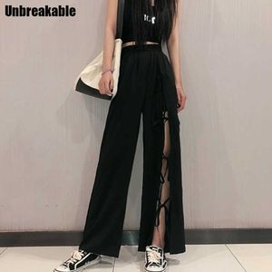 Pantolon Kadın Artı Boyutu Bölünmüş Chic Yay Bandaj Kore Tarzı Katı Geniş Bacak Yüksek Bel Varış Yaz Bayan Vintage Streetwear 210527