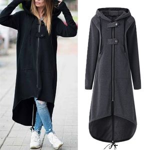 Women Trench Autumn Winter Fashion Hooded Zipper Long Fleece Causal Solid Irregular Pocket 210914