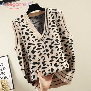 Aelegantmis 4 cor leopardo tricotada camisola colete mulheres soltas soltas coletes sem mangas feminina knitwear coreano 210607