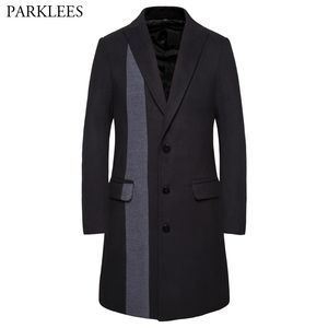 Зимняя стильная лоскутная длинная траншея пальто Мужчины бренд Slim Fit Мужская кашемировое пальто Одиночный мужской пальто Casaco 210522