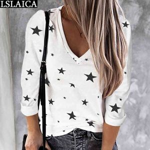 Maglietta casual Donna Autunno Stelle Stampa Manica lunga scollo a V Donna Top Streetwear Taglie forti Abbigliamento donna Mulher Camisetas 210520