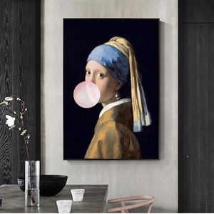 Wholesale famous girl painting resale online - Girl with Pearl Earrings Famous Art Canvas Oil Painting Reproductions Girl Blow Pink Bubbles Wall Art Posters Picture Home Decor