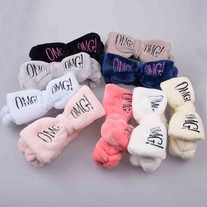 Fashion Letter OMG Headbands for Women Girls Bow Head Band Wash Face Turban Makeup Elastic Bands Coral Fleece Hair Accessories