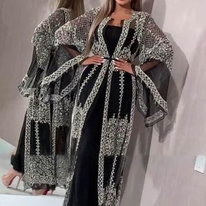 Abaya dubaj sukienka muzułmańska luksusowe wysokiej klasy cekiny haftowana koronka Ramadan Kaftan Islam Kimono kobiety czarne sukienki Maxi