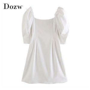 Letnia elegancka biała mini sukienka kobiety moda rękaw puffowy plisowany impreza es kwadratowy kołnierz casual tunika vestidos 210515