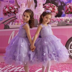 2021 Vintage Kwiat Girl Sukienki na Wesela Lilac Korant Księżniczka Tulle Tutu Handmade Kwiaty Dzieci First Communion Party Suknie