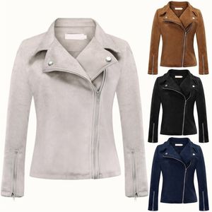 ZOGAA Giacca da motociclista Cappotto con zip da donna Autunno Inverno Abiti in pelle scamosciata Solid Slim Risvolto Giacche da motociclista corte Soprabito Plus Size 210914