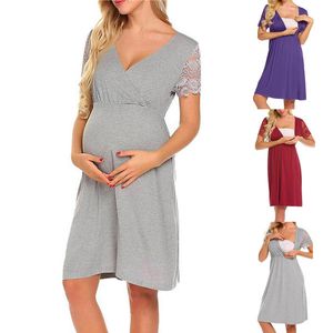 Summer Women Solid Colors Short Sleeve Lace V-Neck Sexy Maternity Nursing Comfortable Pregnancy Dress Home Nightgown Vestidos#g4 Q0713